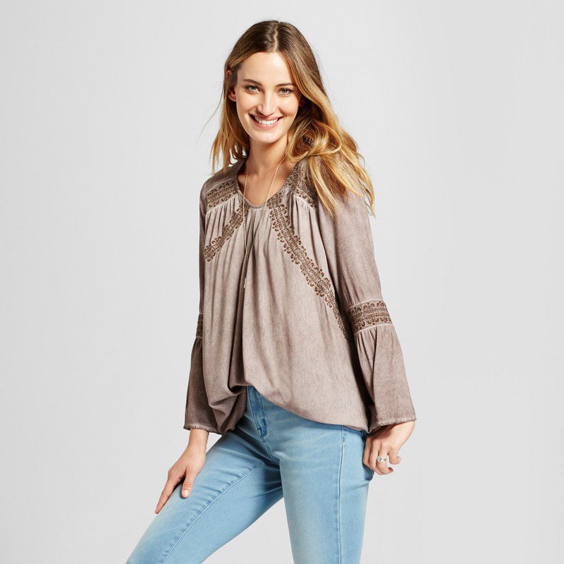 Knox Rose Embroidered Bell Sleeve Boho Peasant Blouse Small Mauve